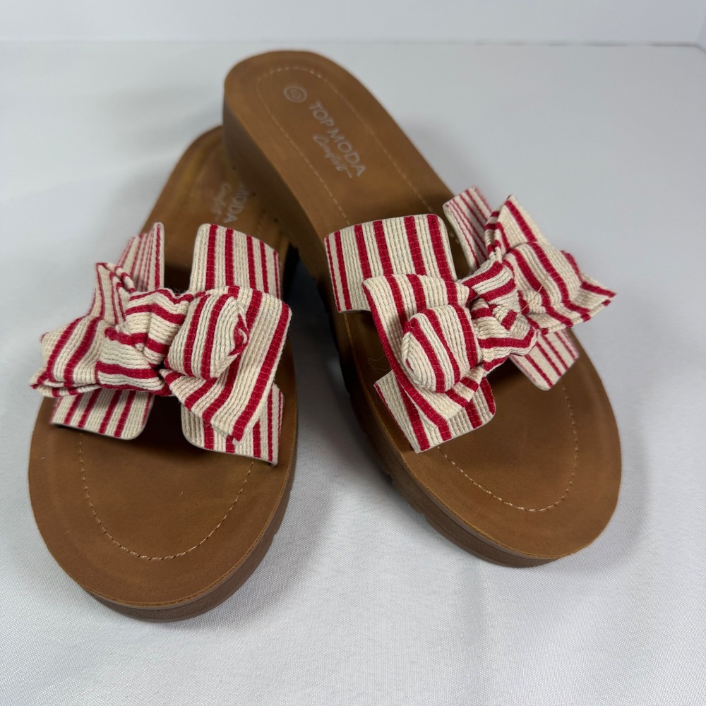 Top Moda Susie-42 Red Cream Striped Bow Platform Slide Sandals Womens 8
